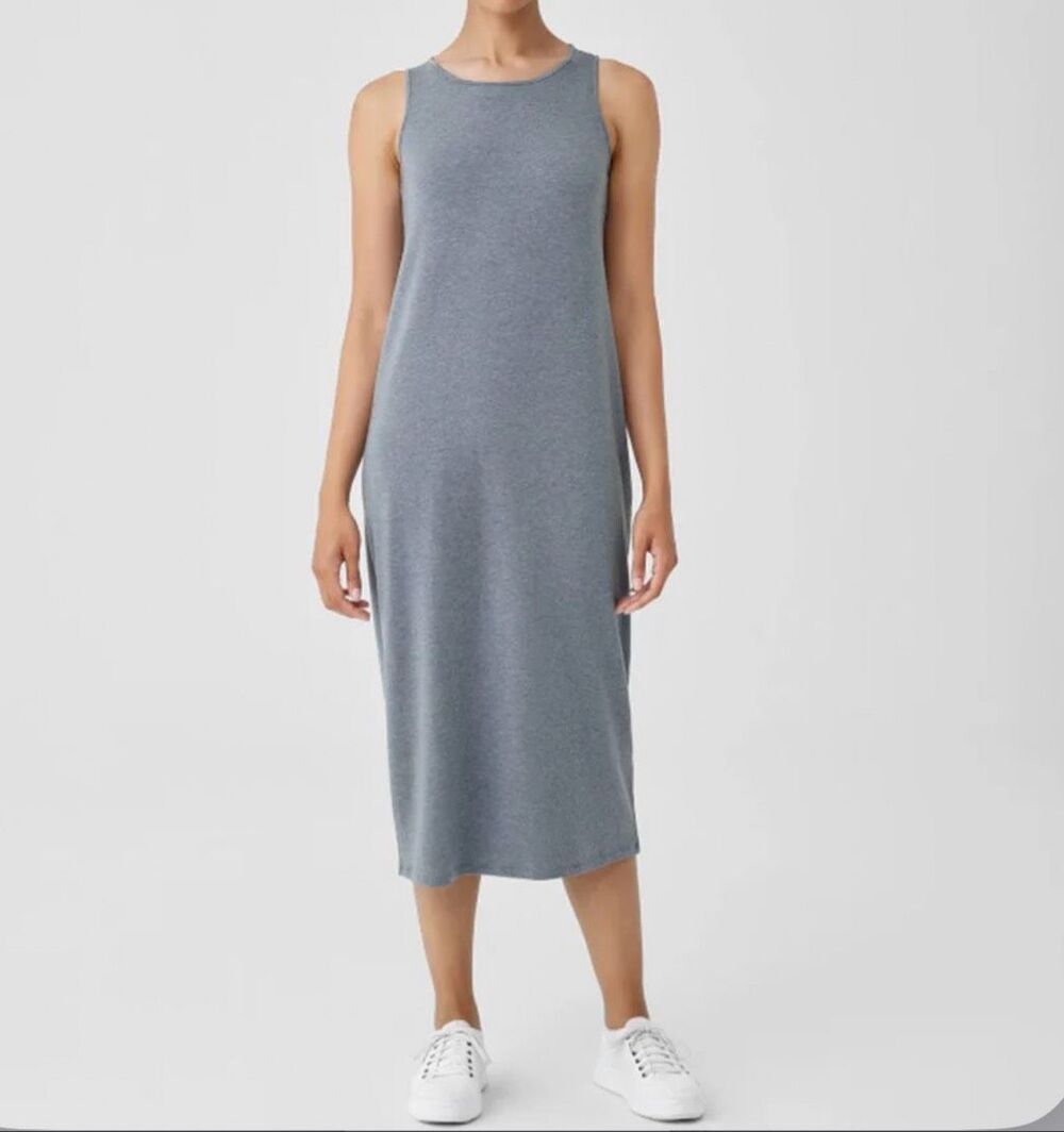 Eileen Fisher $178 Fine Jersey Tank Dress sleeveless maxi Blue womens M NEW